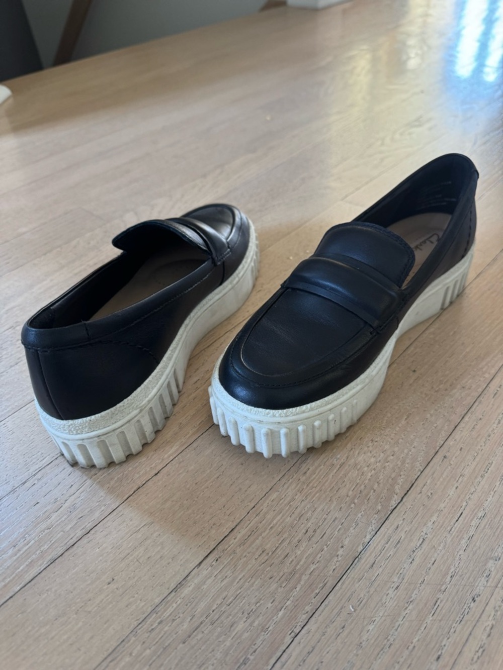Clarks Black Leather Platform Penny Loafers with White Lug Sole